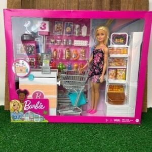 NEW! Barbie Supermarket Playset, Blonde Hair, with 25-Grocery Themed Pieces